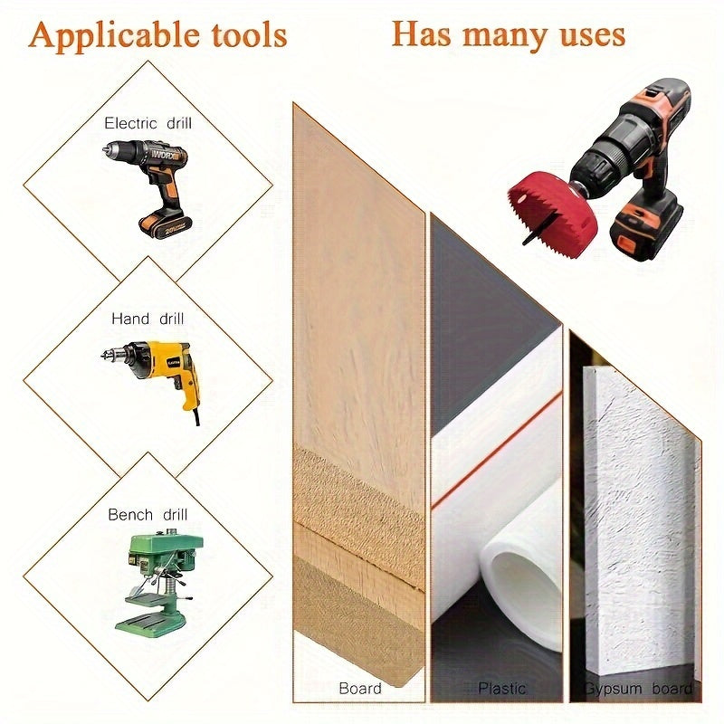 1 Set Hole Saw Set, Hole Saw Kit, 8 Saw Blades 3/4“- 2-1/2” (19mm-64mm) Hole Saw, Mandrel, Inner Hex Key, Perfect For Soft Wood, PVC Board, Plastic Board Drilling, Red, Black