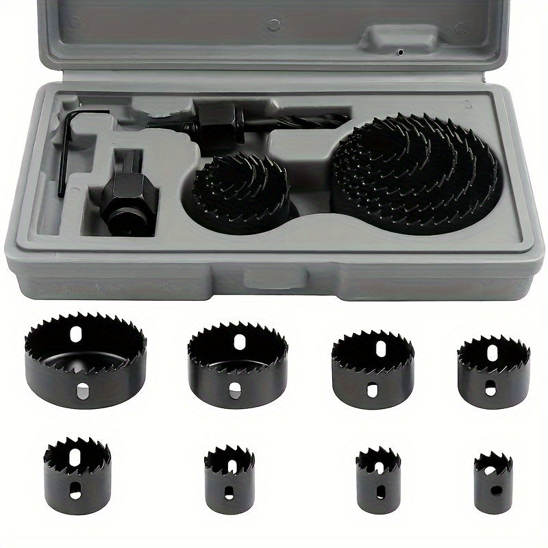 1 Set Hole Saw Set, Hole Saw Kit, 8 Saw Blades 3/4“- 2-1/2” (19mm-64mm) Hole Saw, Mandrel, Inner Hex Key, Perfect For Soft Wood, PVC Board, Plastic Board Drilling, Red, Black