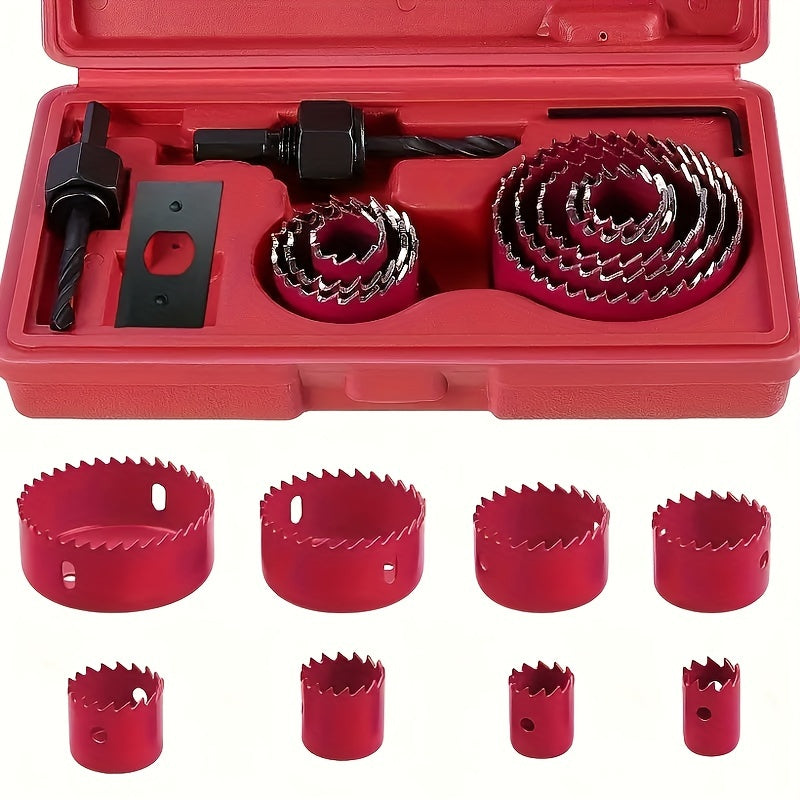 1 Set Hole Saw Set, Hole Saw Kit, 8 Saw Blades 3/4“- 2-1/2” (19mm-64mm) Hole Saw, Mandrel, Inner Hex Key, Perfect For Soft Wood, PVC Board, Plastic Board Drilling, Red, Black