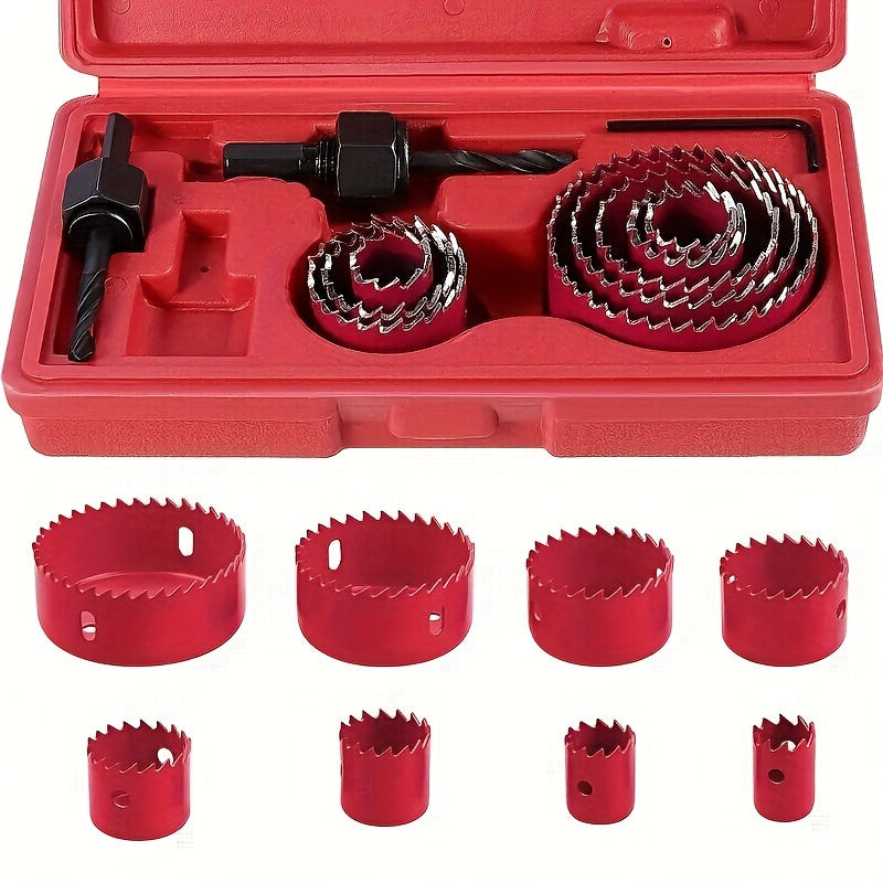 1 Set Hole Saw Set, Hole Saw Kit, 8 Saw Blades 3/4“- 2-1/2” (19mm-64mm) Hole Saw, Mandrel, Inner Hex Key, Perfect For Soft Wood, PVC Board, Plastic Board Drilling, Red, Black
