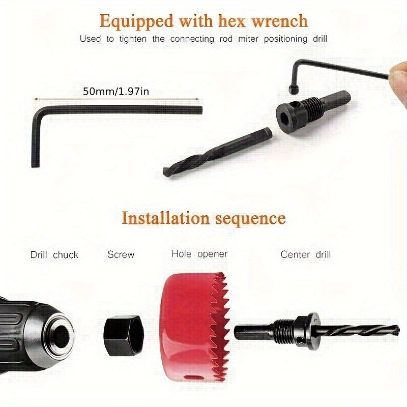 1 Set Hole Saw Set, Hole Saw Kit, 8 Saw Blades 3/4“- 2-1/2” (19mm-64mm) Hole Saw, Mandrel, Inner Hex Key, Perfect For Soft Wood, PVC Board, Plastic Board Drilling, Red, Black
