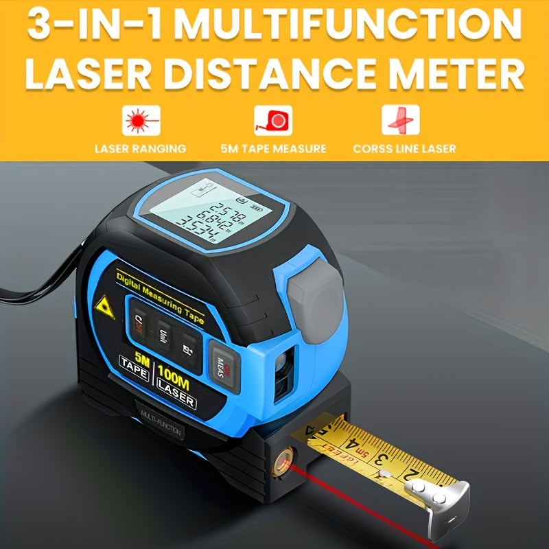 MIGPRC 1pc Blue 3-In-1 Laser Tape Measure, High-precision Rechargeable Infrared Laser Rangefinder & 196.85inch Manual Measuring Steel Tape, Distance Meter With Digital Display