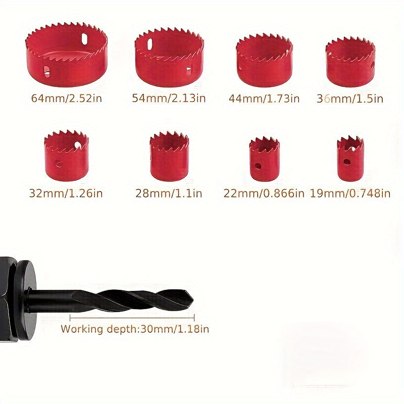 1 Set Hole Saw Set, Hole Saw Kit, 8 Saw Blades 3/4“- 2-1/2” (19mm-64mm) Hole Saw, Mandrel, Inner Hex Key, Perfect For Soft Wood, PVC Board, Plastic Board Drilling, Red, Black