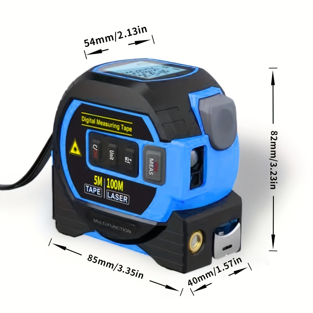 MIGPRC 1pc Blue 3-In-1 Laser Tape Measure, High-precision Rechargeable Infrared Laser Rangefinder & 196.85inch Manual Measuring Steel Tape, Distance Meter With Digital Display